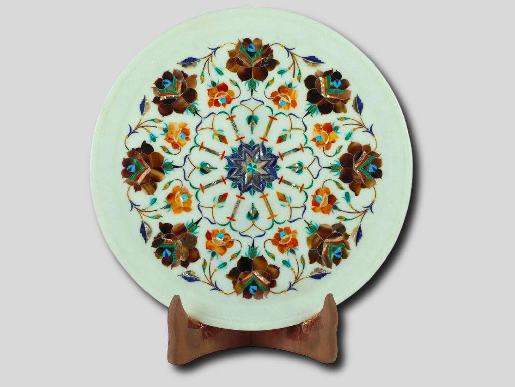 White Marble Serving Plate Handicraft Inlay Floral Arts